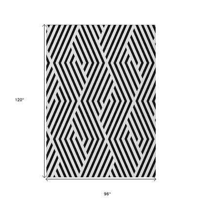 8' X 10' Black and White Geometric Washable Non Skid Indoor Outdoor Area Rug