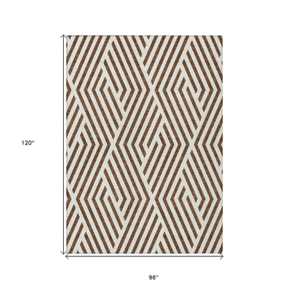 8' X 10' Brown and White Geometric Washable Non Skid Indoor Outdoor Area Rug