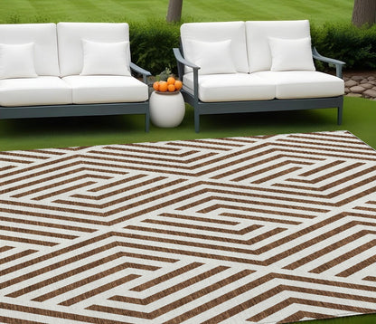 8' X 10' Brown and White Geometric Washable Non Skid Indoor Outdoor Area Rug