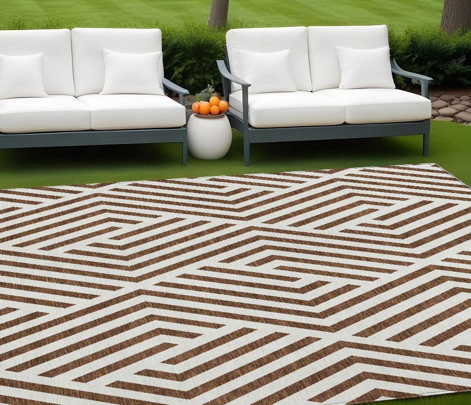 9' X 12' Brown and White Geometric Washable Non Skid Indoor Outdoor Area Rug