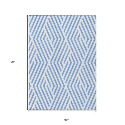 8' X 10' Blue and Ivory Geometric Washable Non Skid Indoor Outdoor Area Rug