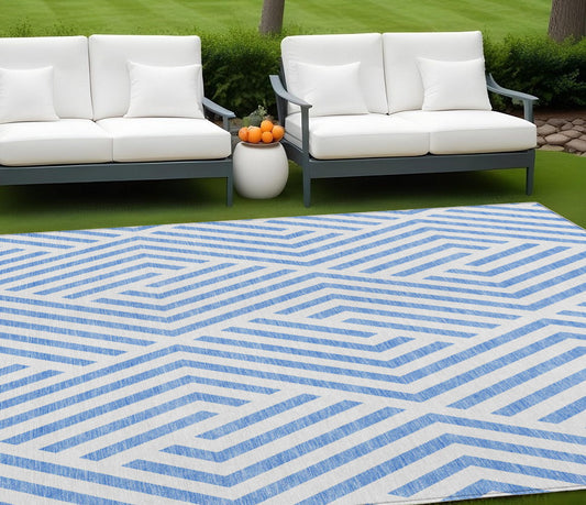 8' X 10' Blue and Ivory Geometric Washable Non Skid Indoor Outdoor Area Rug