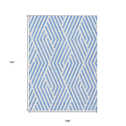 9' X 12' Blue and Ivory Geometric Washable Non Skid Indoor Outdoor Area Rug