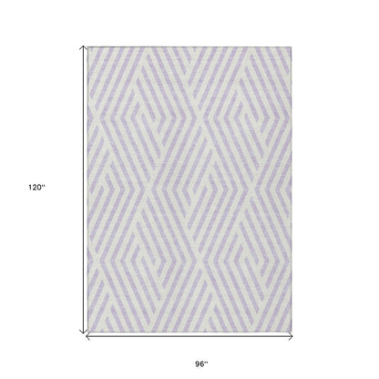 8' X 10' Lavender and Ivory Geometric Washable Non Skid Indoor Outdoor Area Rug