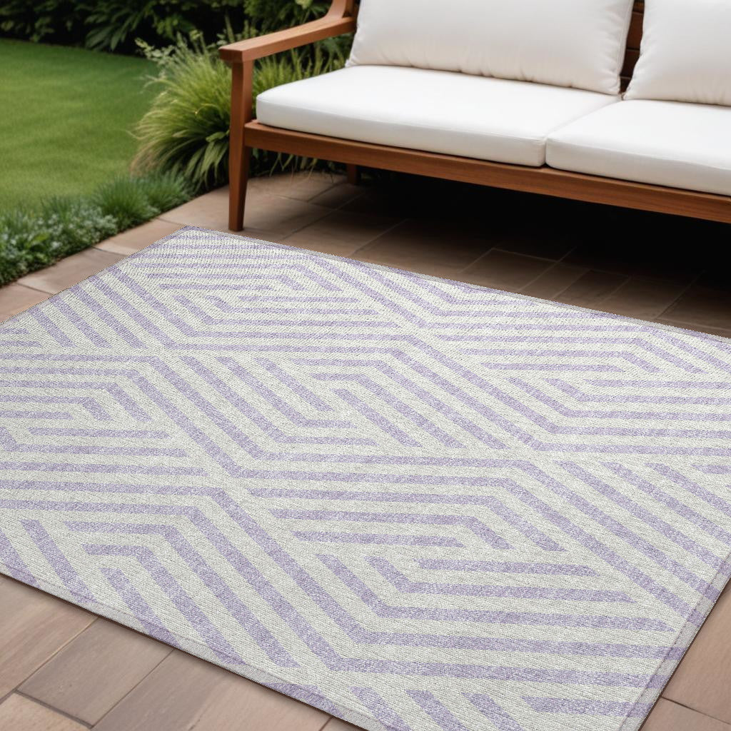 8' X 10' Lavender and Ivory Geometric Washable Non Skid Indoor Outdoor Area Rug