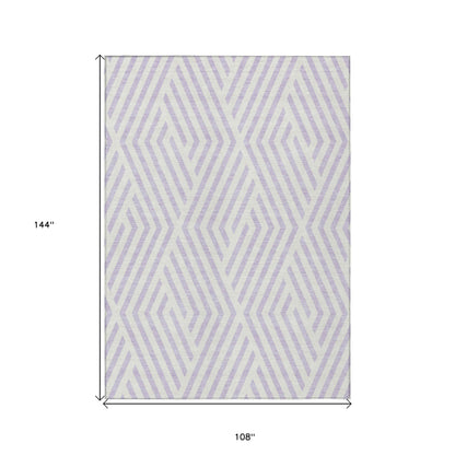 9' X 12' Lavender and Ivory Geometric Washable Non Skid Indoor Outdoor Area Rug