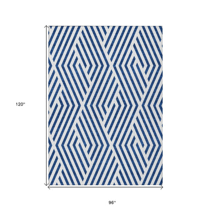 8' X 10' Navy and White Geometric Washable Non Skid Indoor Outdoor Area Rug