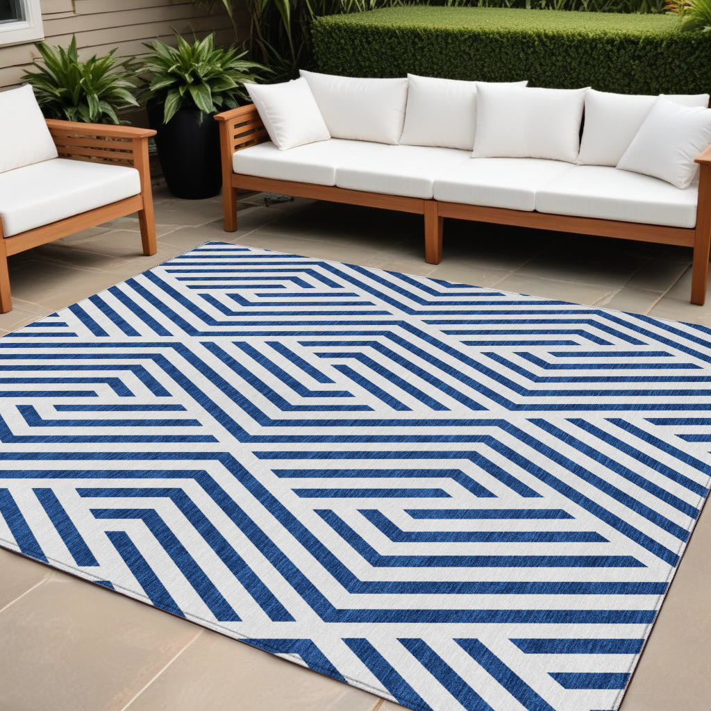 8' X 10' Navy and White Geometric Washable Non Skid Indoor Outdoor Area Rug