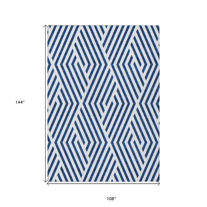 9' X 12' Navy and White Geometric Washable Non Skid Indoor Outdoor Area Rug