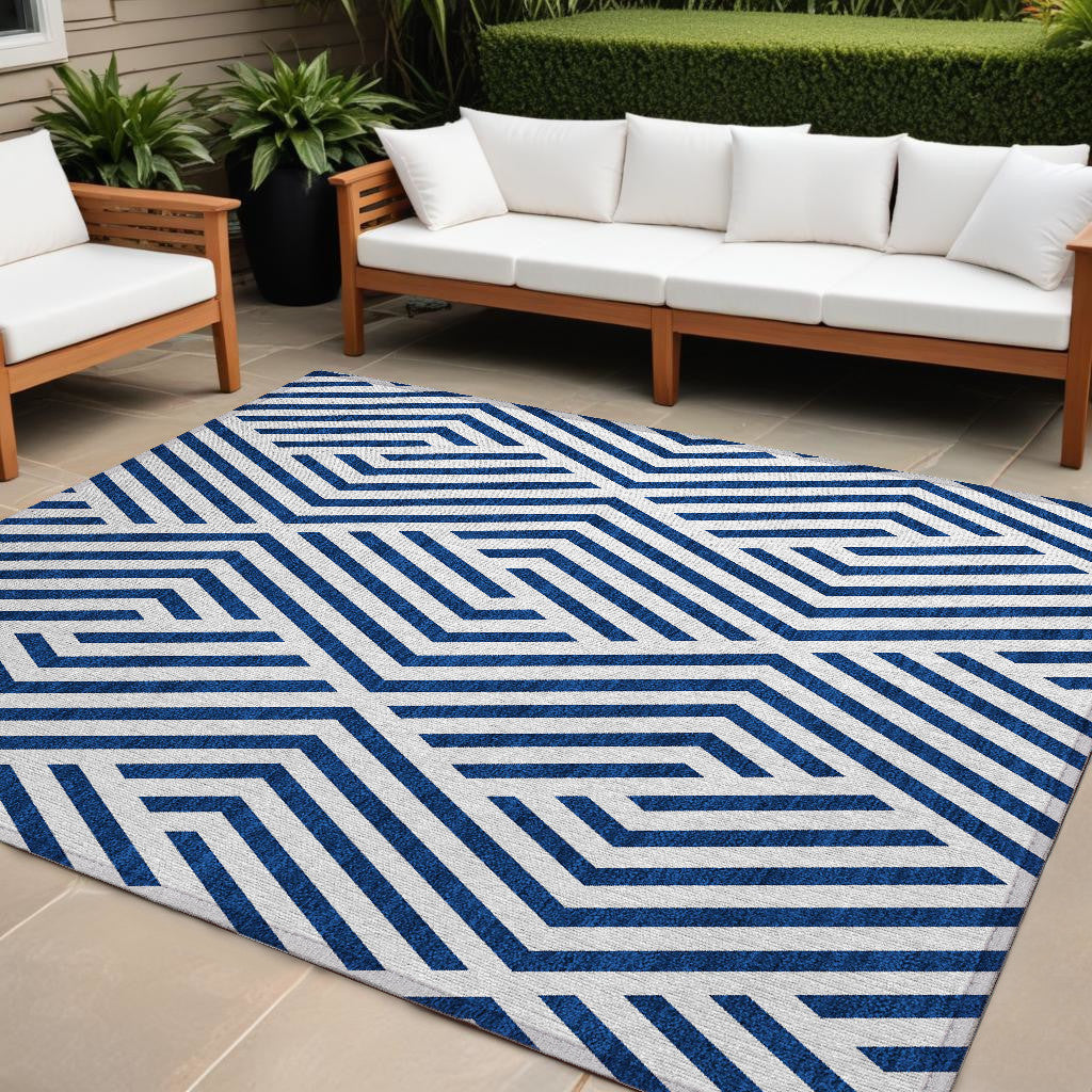 9' X 12' Navy and White Geometric Washable Non Skid Indoor Outdoor Area Rug