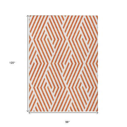 8' X 10' Orange and White Geometric Washable Non Skid Indoor Outdoor Area Rug