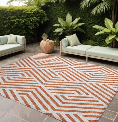 8' X 10' Orange and White Geometric Washable Non Skid Indoor Outdoor Area Rug