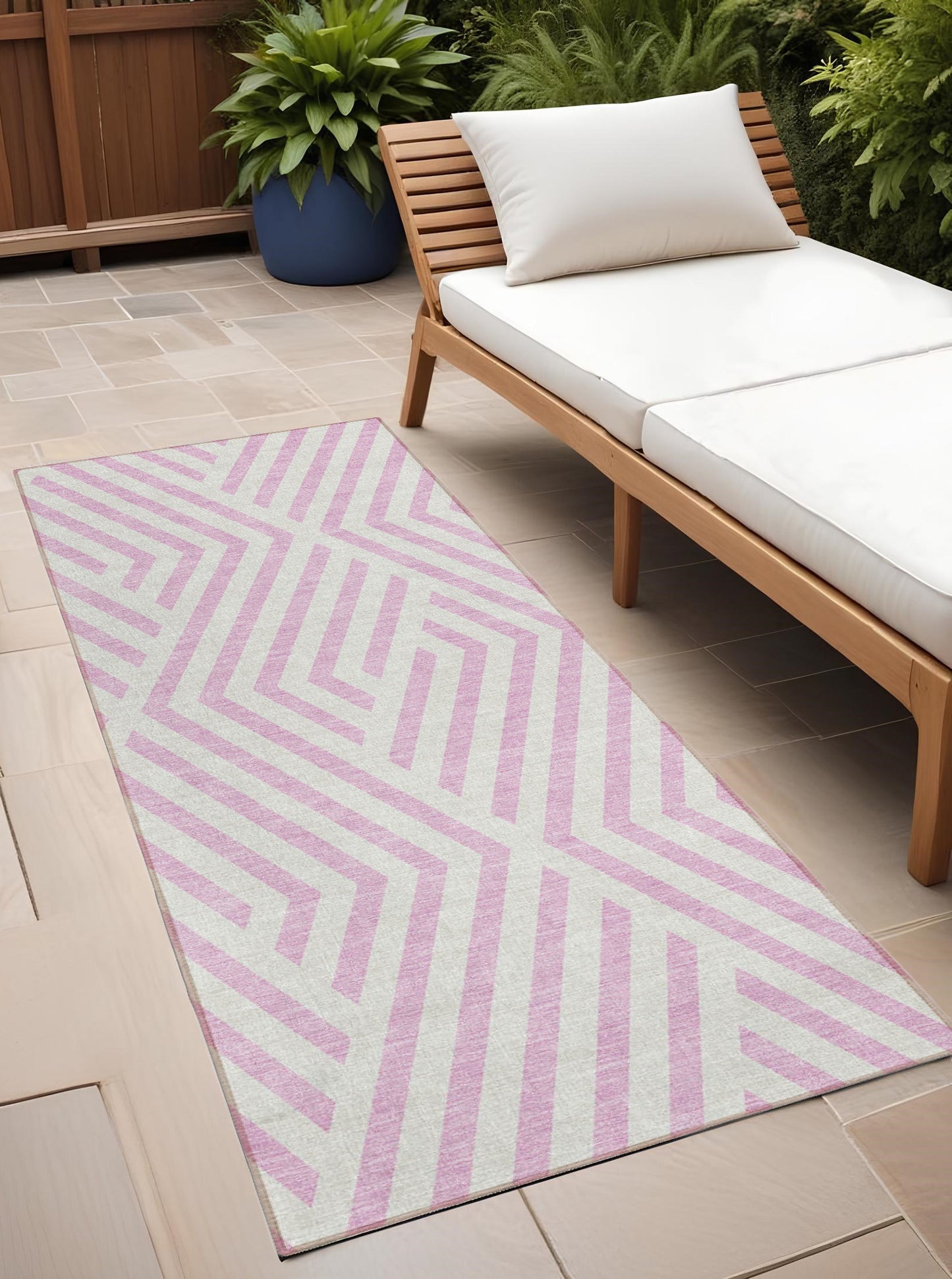 8' Runner Pink and White Geometric Washable Non Skid Indoor Outdoor Runner Rug