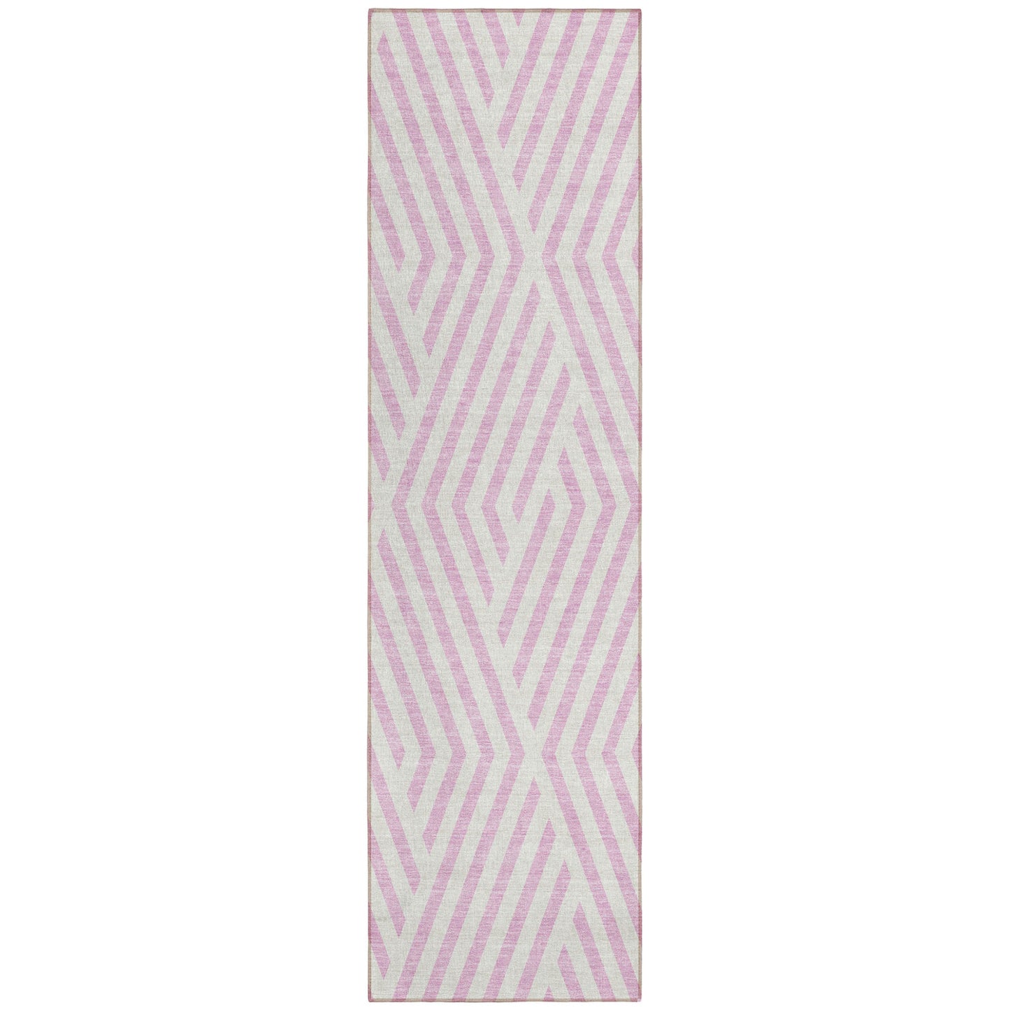 8' Runner Pink and White Geometric Washable Non Skid Indoor Outdoor Runner Rug