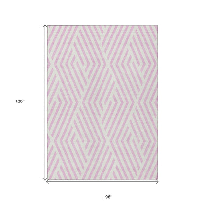 8' X 10' Pink and White Geometric Washable Non Skid Indoor Outdoor Area Rug