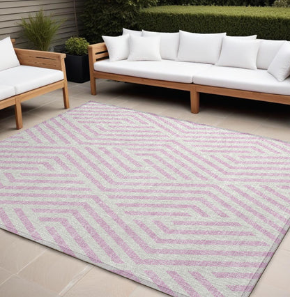 8' X 10' Pink and White Geometric Washable Non Skid Indoor Outdoor Area Rug