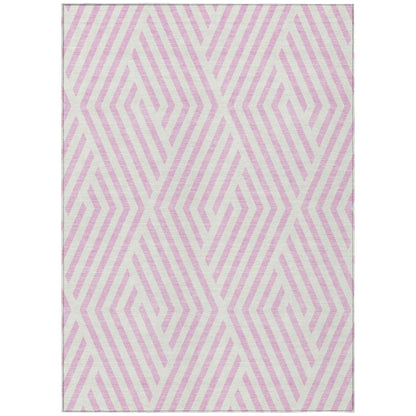 8' X 10' Pink and White Geometric Washable Non Skid Indoor Outdoor Area Rug