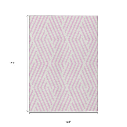 9' X 12' Pink and White Geometric Washable Non Skid Indoor Outdoor Area Rug