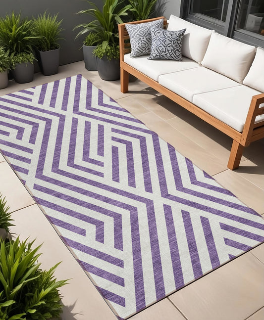 8' Runner Purple and White Geometric Washable Non Skid Indoor Outdoor Runner Rug