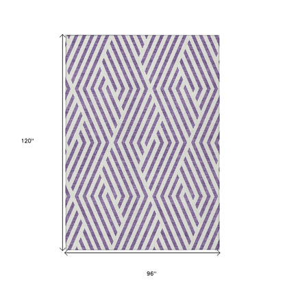 8' X 10' Purple and White Geometric Washable Non Skid Indoor Outdoor Area Rug