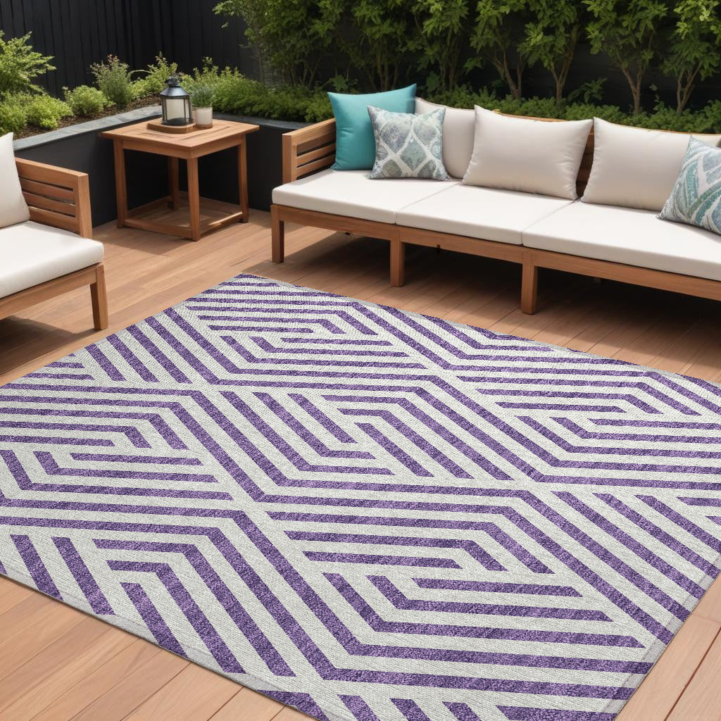 8' X 10' Purple and White Geometric Washable Non Skid Indoor Outdoor Area Rug