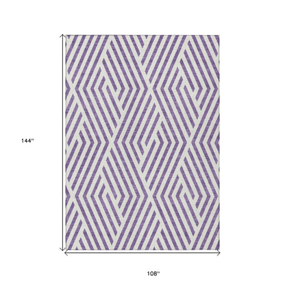 9' X 12' Purple and White Geometric Washable Non Skid Indoor Outdoor Area Rug