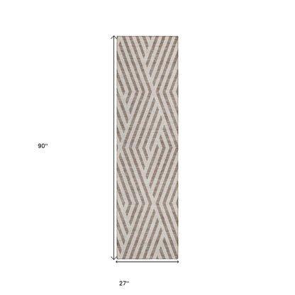 8' Runner Taupe and Ivory Geometric Washable Non Skid Indoor Outdoor Runner Rug