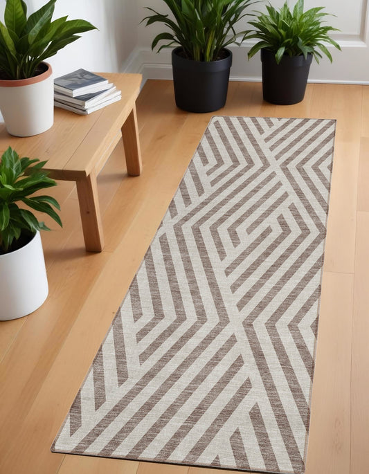 8' Runner Taupe and Ivory Geometric Washable Non Skid Indoor Outdoor Runner Rug