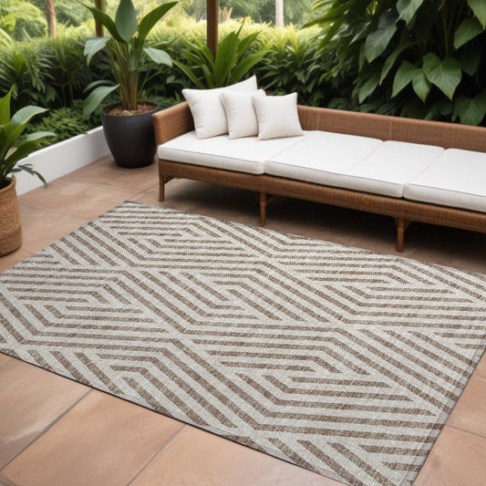 8' X 10' Taupe and Ivory Geometric Washable Non Skid Indoor Outdoor Area Rug