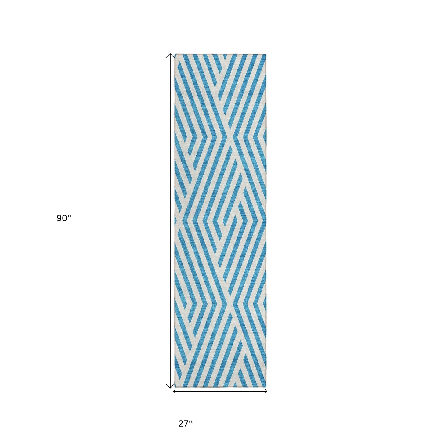 8' Runner Teal and White Geometric Washable Non Skid Indoor Outdoor Runner Rug