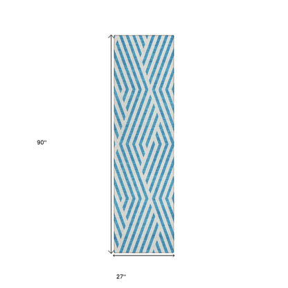 8' Runner Teal and White Geometric Washable Non Skid Indoor Outdoor Runner Rug