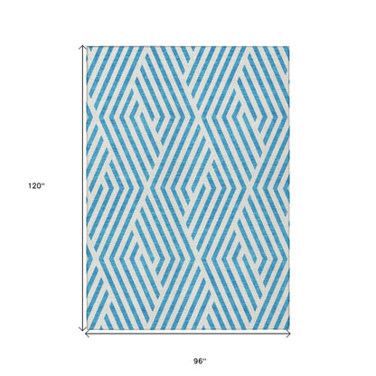 8' X 10' Teal and White Geometric Washable Non Skid Indoor Outdoor Area Rug