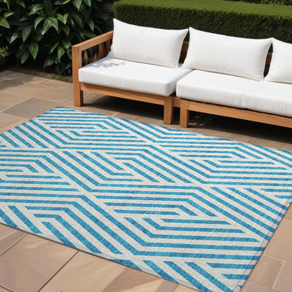 8' X 10' Teal and White Geometric Washable Non Skid Indoor Outdoor Area Rug