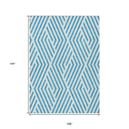 9' X 12' Teal and White Geometric Washable Non Skid Indoor Outdoor Area Rug