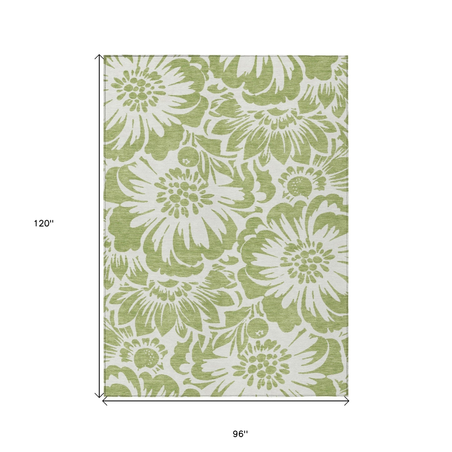 8' X 10' Green and Ivory Floral Washable Non Skid Indoor Outdoor Area Rug