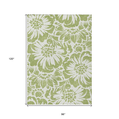 8' X 10' Green and Ivory Floral Washable Non Skid Indoor Outdoor Area Rug