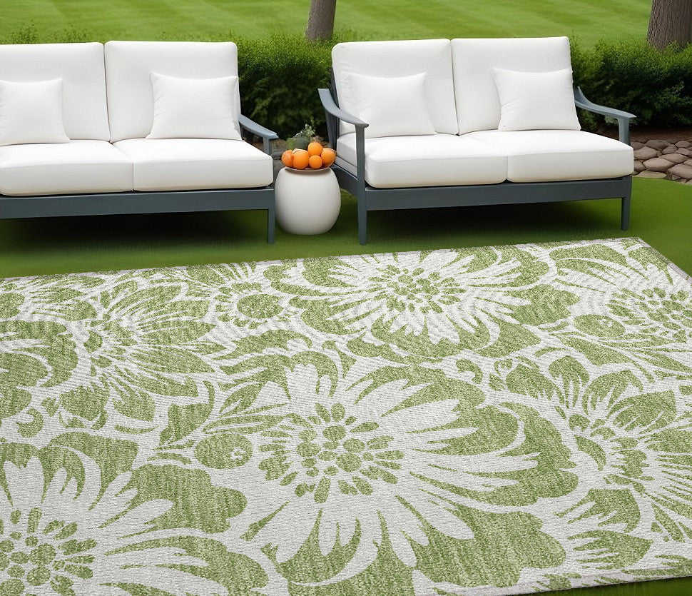 8' X 10' Green and Ivory Floral Washable Non Skid Indoor Outdoor Area Rug