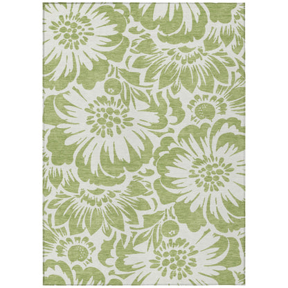 8' X 10' Green and Ivory Floral Washable Non Skid Indoor Outdoor Area Rug