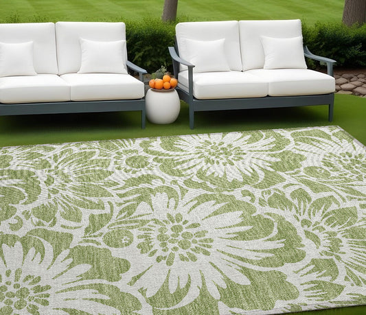 9' X 12' Green and Ivory Floral Washable Non Skid Indoor Outdoor Area Rug