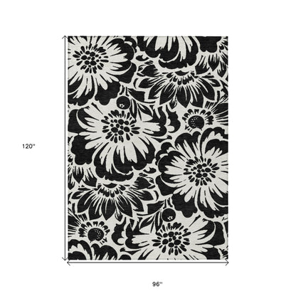 8' X 10' Black and Ivory Floral Washable Non Skid Indoor Outdoor Area Rug