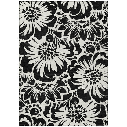 8' X 10' Black and Ivory Floral Washable Non Skid Indoor Outdoor Area Rug