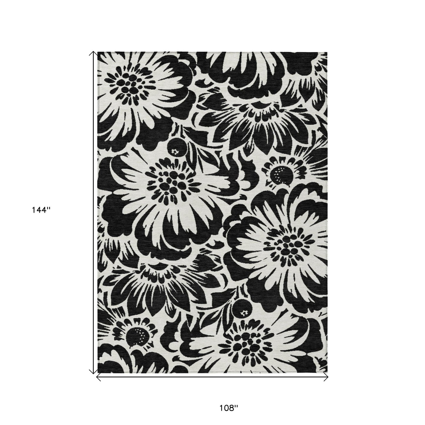 9' X 12' Black and Ivory Floral Washable Non Skid Indoor Outdoor Area Rug