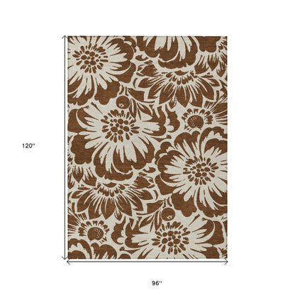 8' X 10' Brown and Ivory Floral Washable Non Skid Indoor Outdoor Area Rug