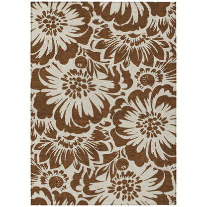 8' X 10' Brown and Ivory Floral Washable Non Skid Indoor Outdoor Area Rug