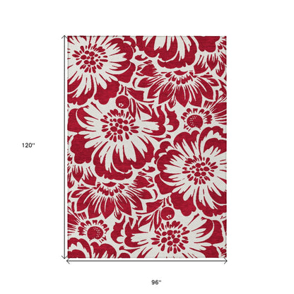 8' X 10' Burgundy and White Floral Washable Non Skid Indoor Outdoor Area Rug