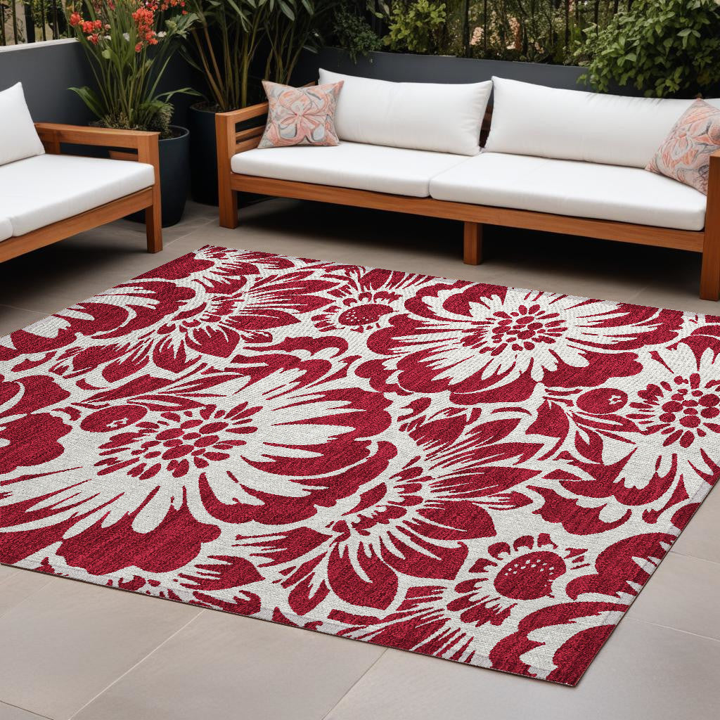 8' X 10' Burgundy and White Floral Washable Non Skid Indoor Outdoor Area Rug