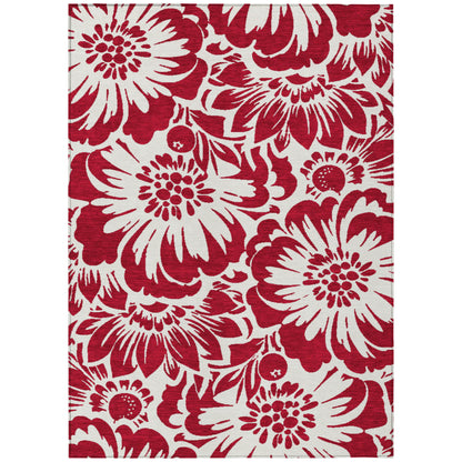 8' X 10' Burgundy and White Floral Washable Non Skid Indoor Outdoor Area Rug