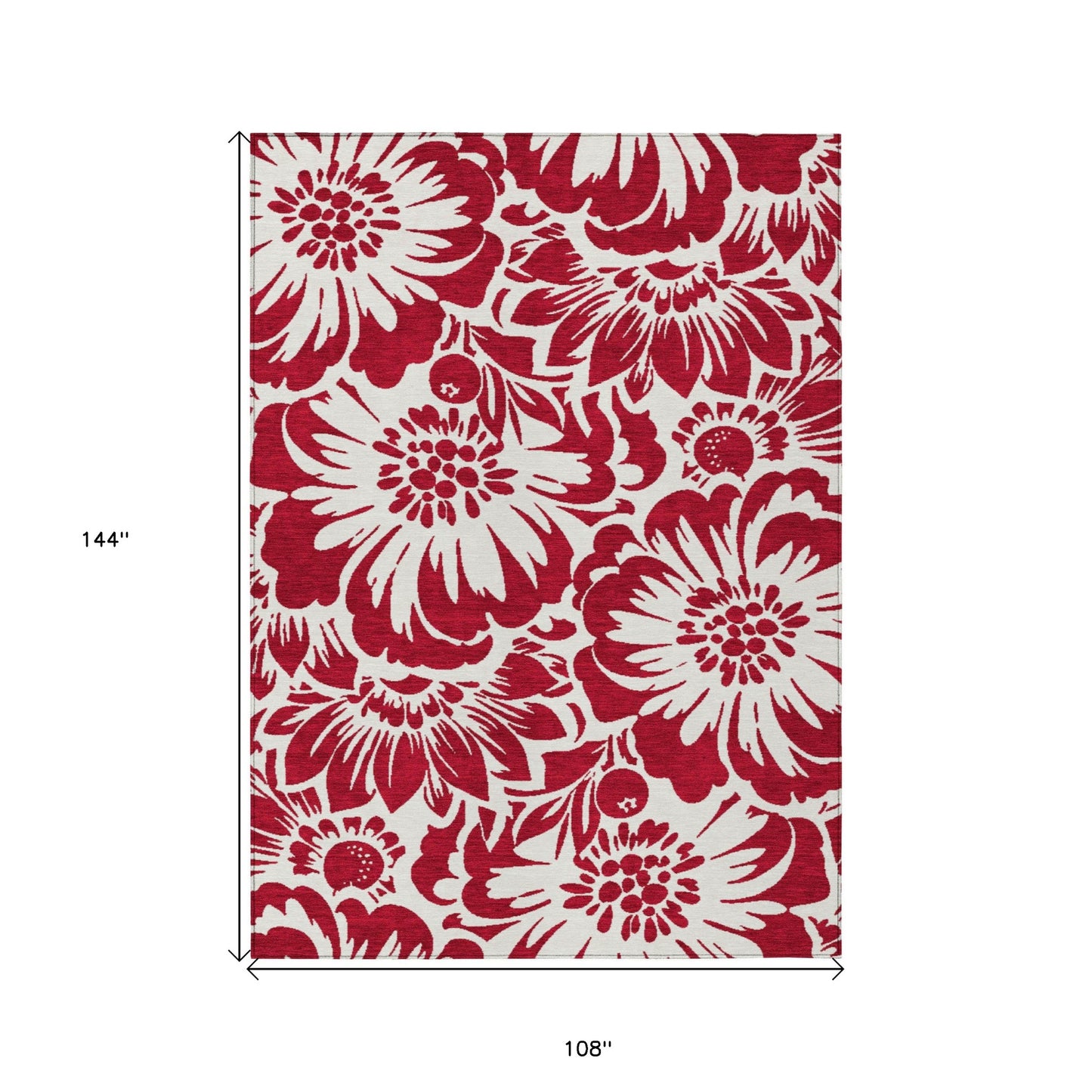 9' X 12' Burgundy and White Floral Washable Non Skid Indoor Outdoor Area Rug