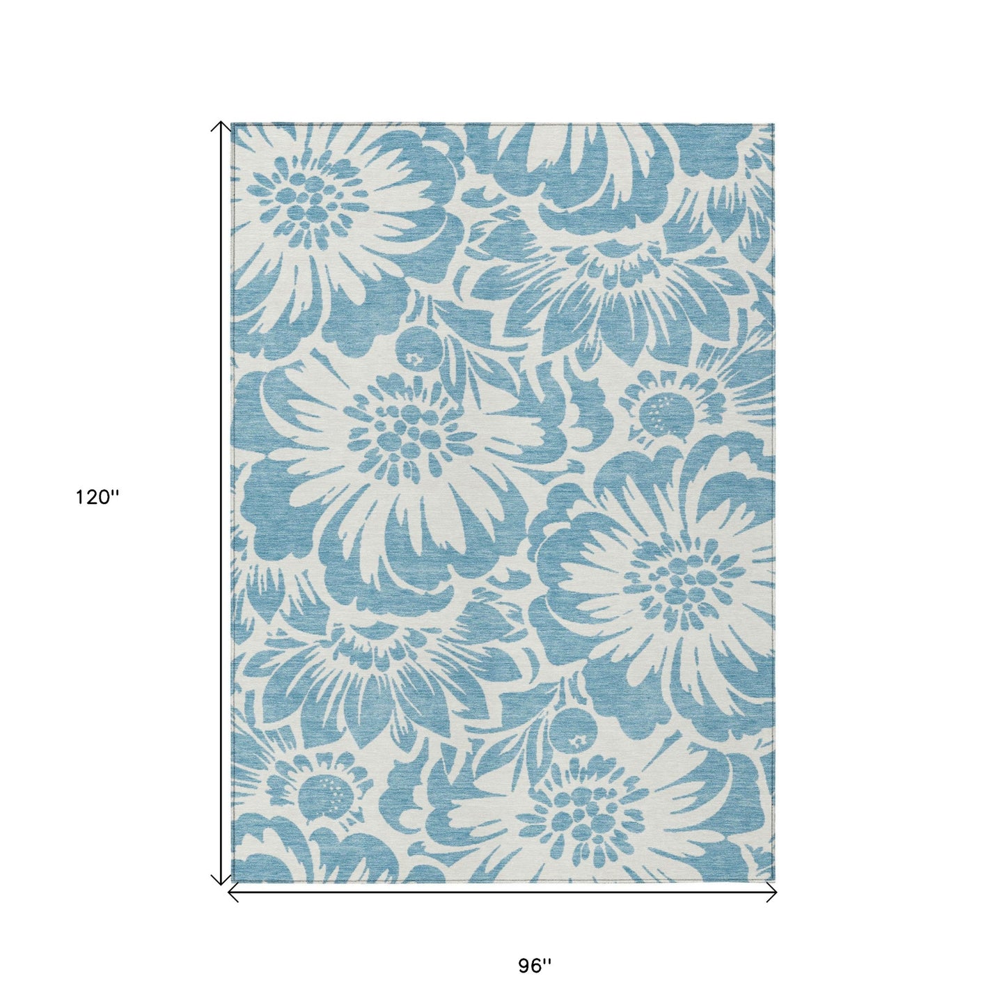 8' X 10' Denim and Ivory Floral Washable Non Skid Indoor Outdoor Area Rug