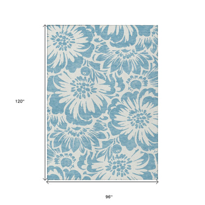 8' X 10' Denim and Ivory Floral Washable Non Skid Indoor Outdoor Area Rug